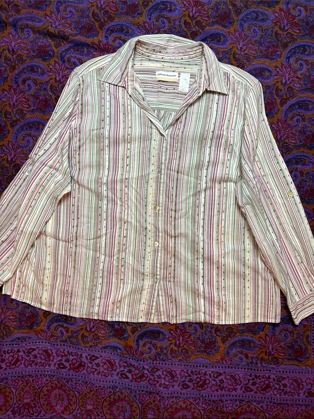 Alfred Dunner Striped Button-Down Shirt in White with Pink & Green Stripes